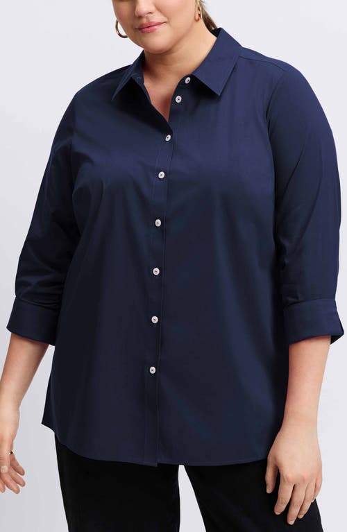 Shop Foxcroft Evelyn Three-quarter Sleeve Button-up Shirt In Navy