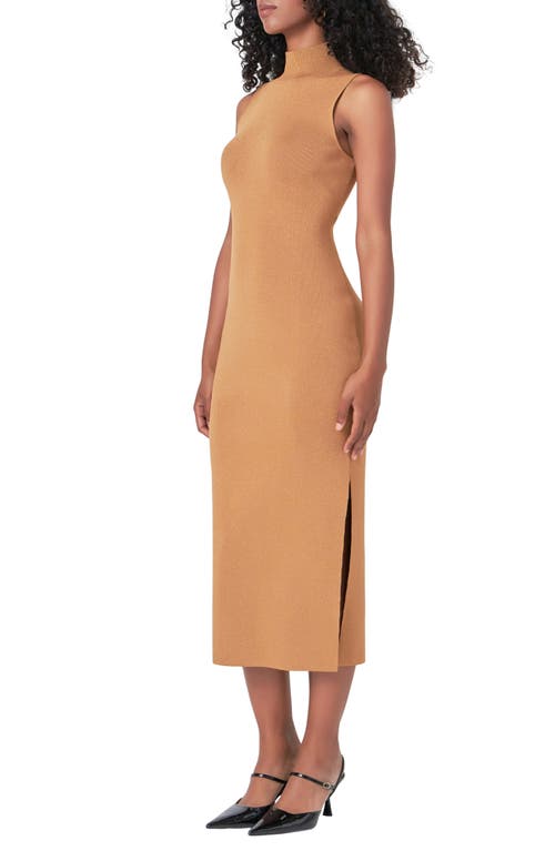 Shop Endless Rose Metallic Mock Neck Body-con Midi Dress In Camel