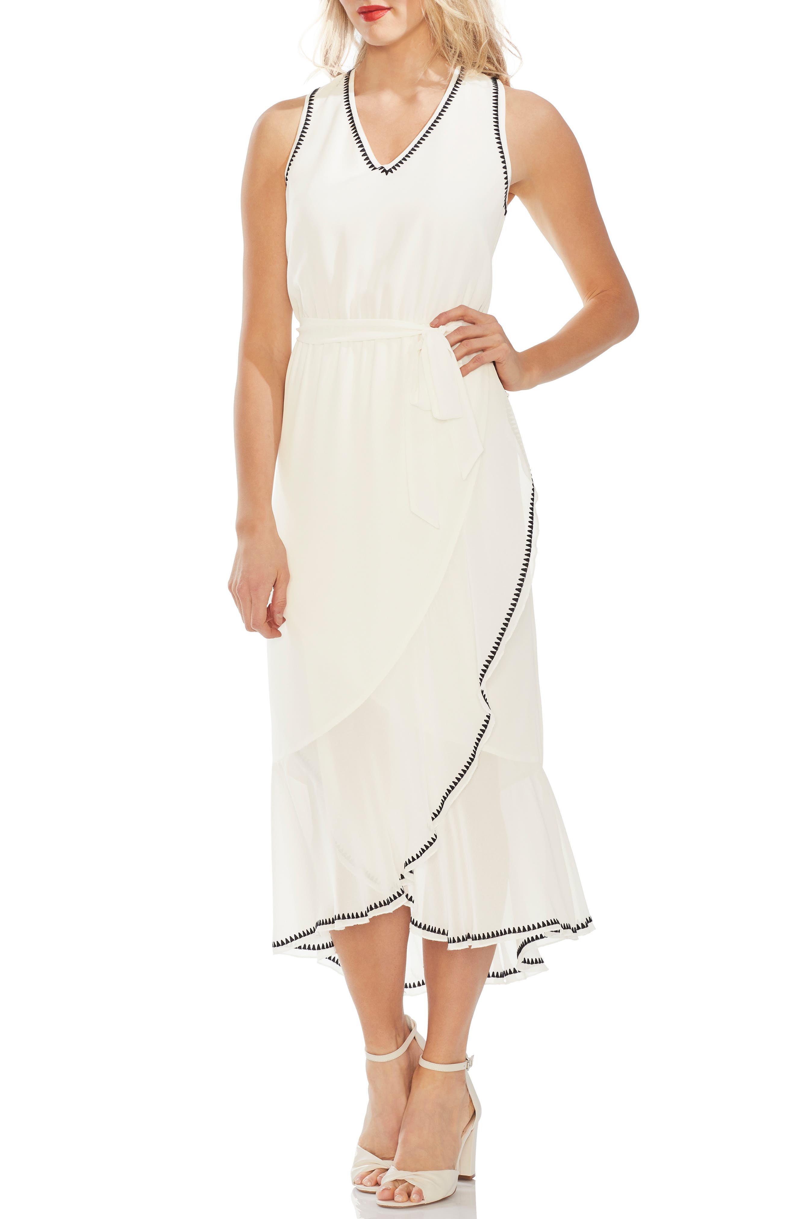 Vince Camuto Embroidered Ruffle Belted Chiffon Dress, White