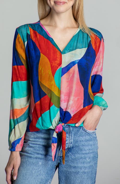 Print V-Neck Tie Front Chiffon Top in Pink Multi
