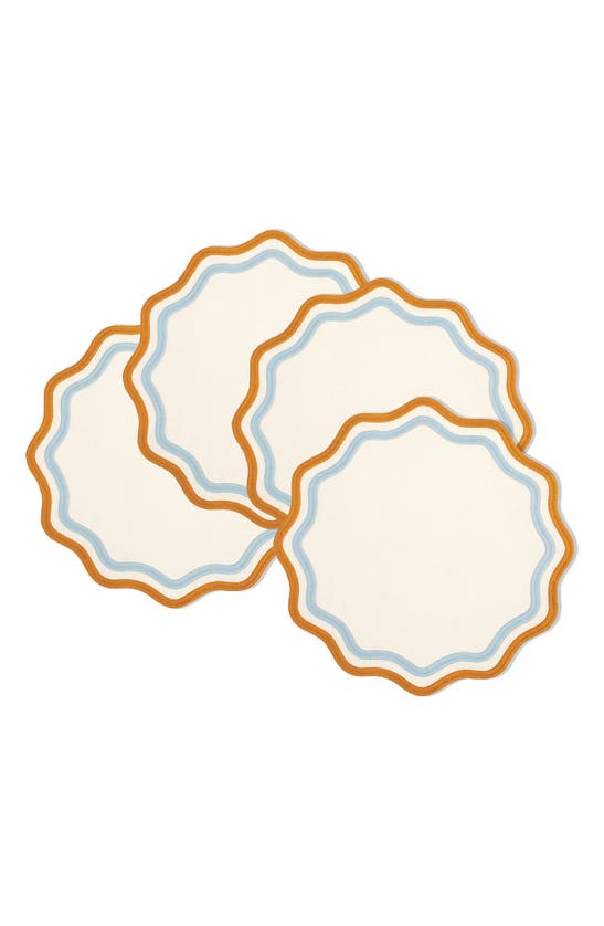 Misette Set Of 4 Embroidered Linen Placemats In Color Block - Blue/ Amber