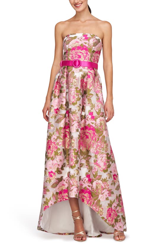 Shop Kay Unger Bella Floral Jacquard Metallic Belted High-low Gown In Wild Raspberry