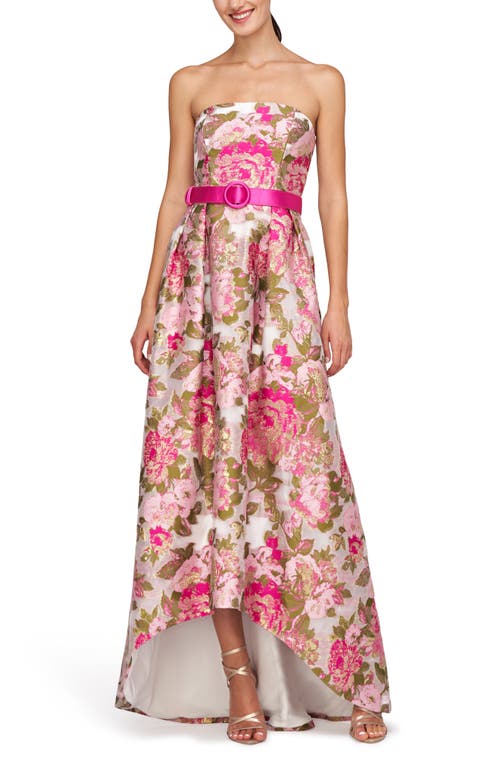 Bella Floral Jacquard Metallic Belted High-Low Gown in Wild Raspberry