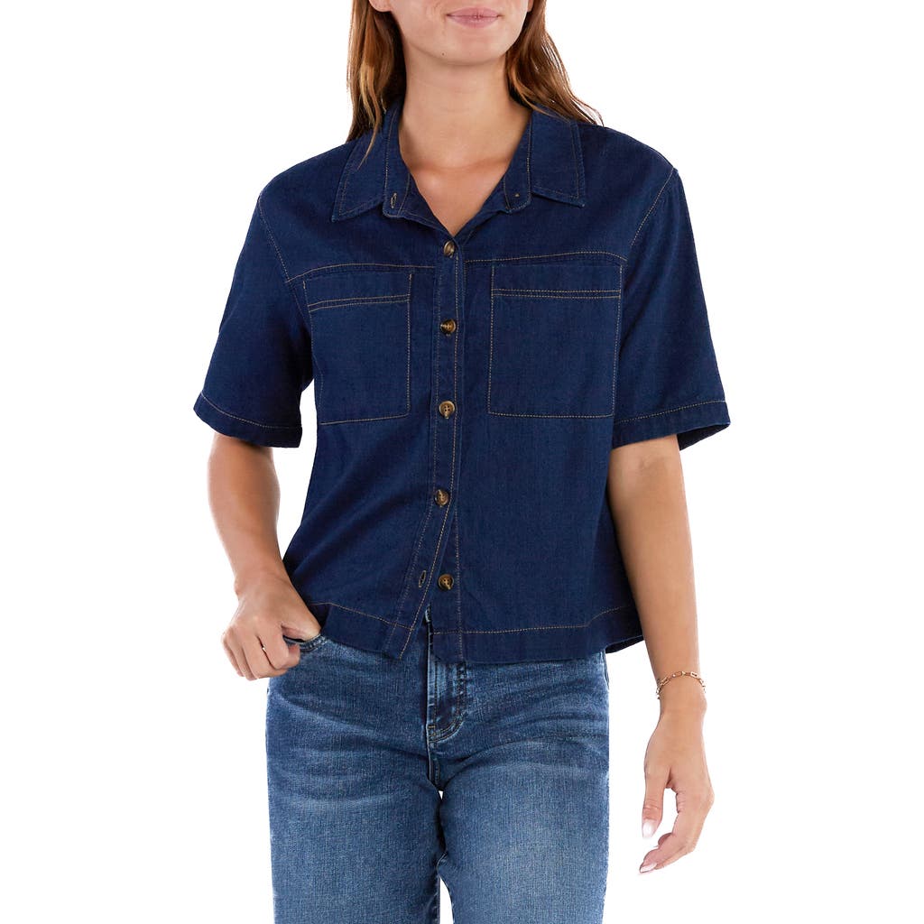 Wash Lab Denim Boxy Short Sleeve Denim Button-up Shirt In Dark Indigo