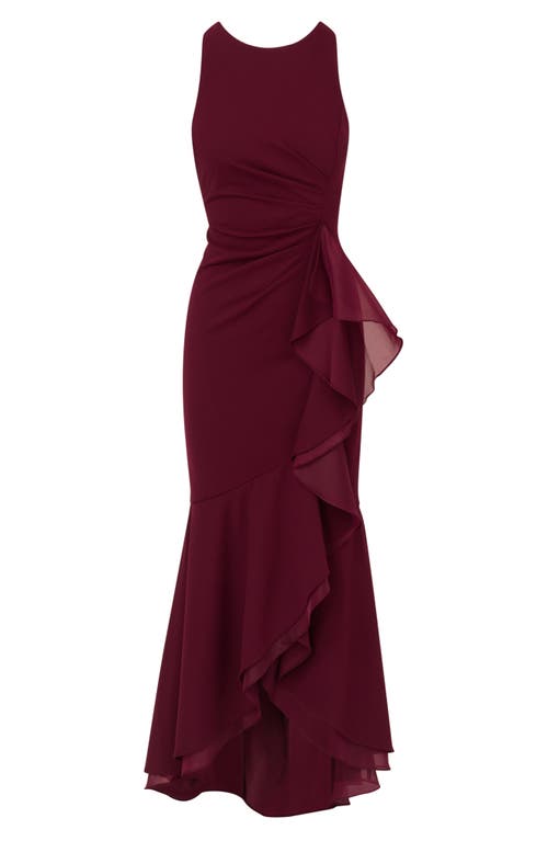 Shop Adrianna Papell Ruffle Crepe High-low Gown In Cabernet