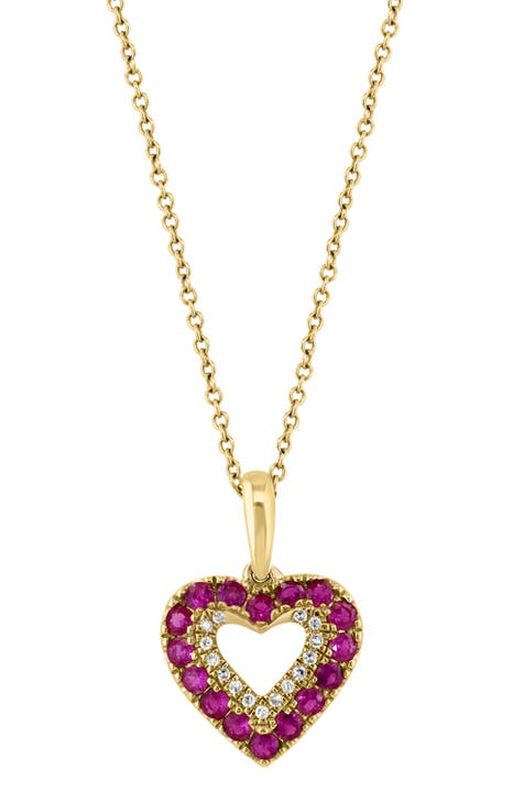 14K Yellow Gold Diamond & Ruby Heart Pendant Necklace - 0.06ct.