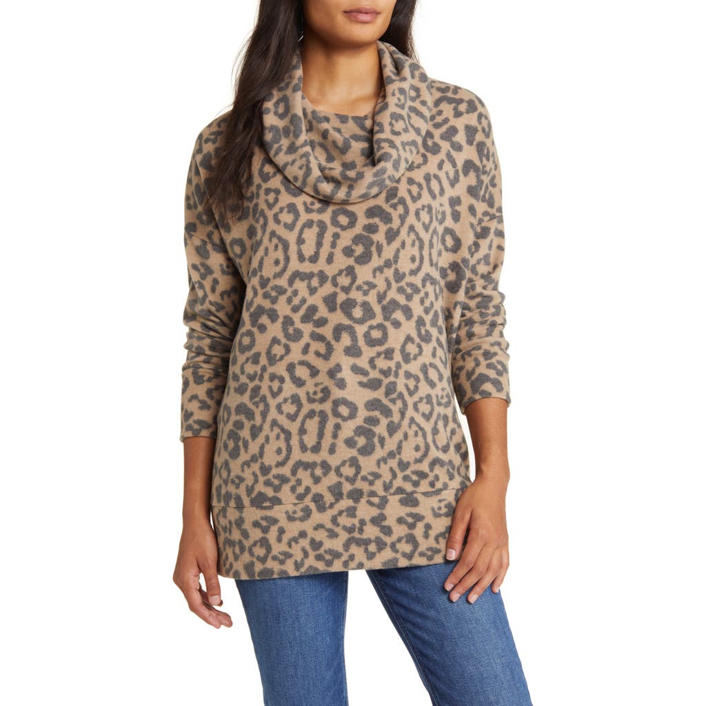 Loveappella Cowl Neck Tunic In Camel/charcoal