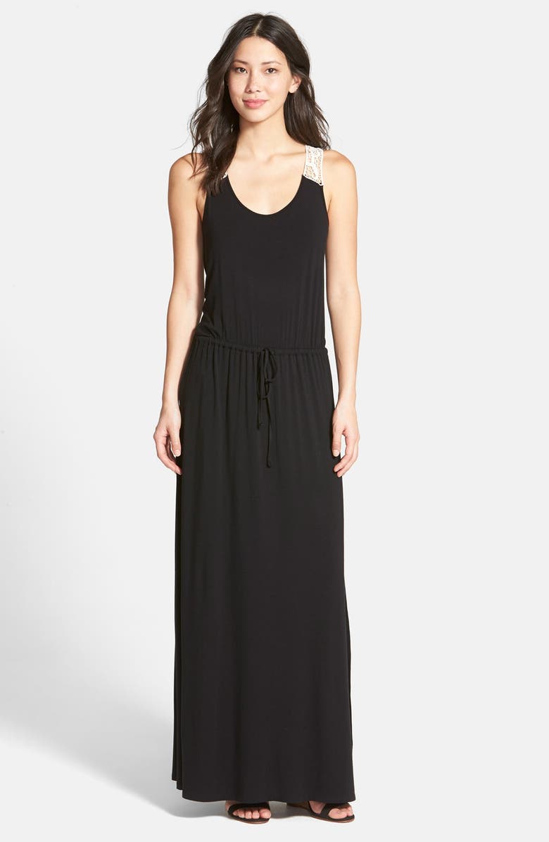 HALOGEN<SUP>®</SUP> Crochet Racerback Knit Maxi Tank Dress, Main, color, Black