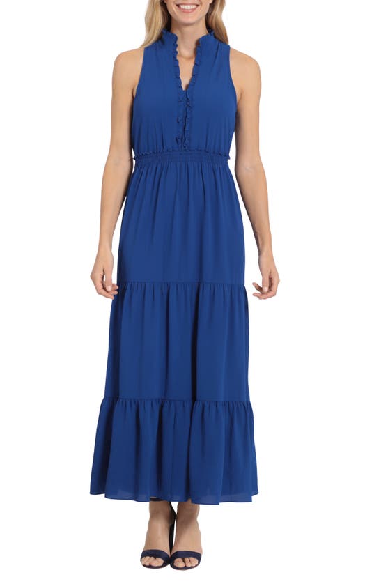 London Times Ruffle Neck Sleeveless Maxi Dress In Blue
