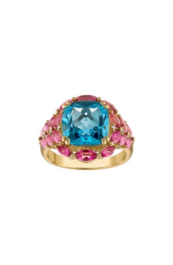 Fzn Sterling Silver Diamond, Pink & Swiss Blue Topaz Ring In Yellow