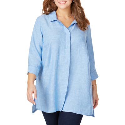 Plus Size Foxcroft Chambray Linen Tunic Shirt, Blue
