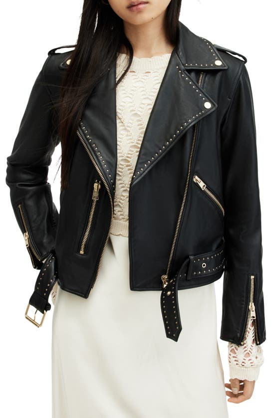 Shop Allsaints Balfern Mini Stud Leather Biker Jacket In Black