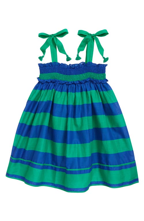 Zimmermann Kids' Tiggy Tie Shoulder Shirred Cotton Dress in Navy/Green Stripe