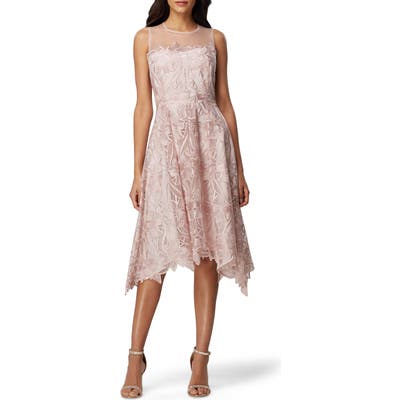 Tahari Sleeveless Embroidered Mesh Handkerchief Hem Dress, Pink