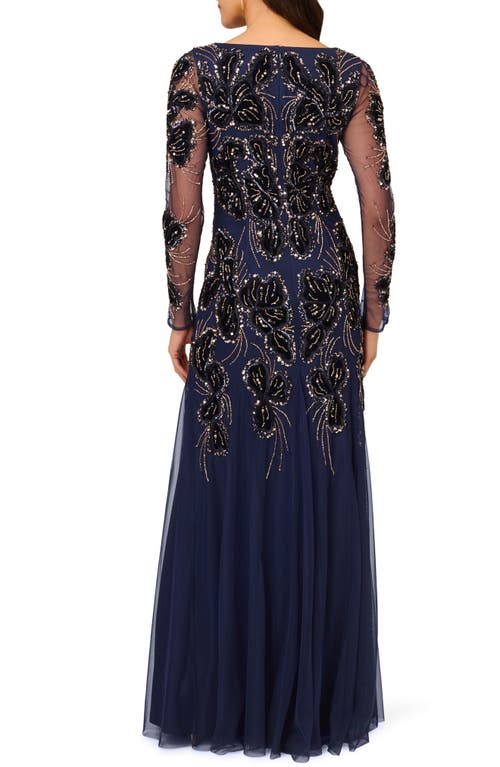 Shop Adrianna Papell Beaded Mesh Long Sleeve Velvet Godet Gown In Light Navy