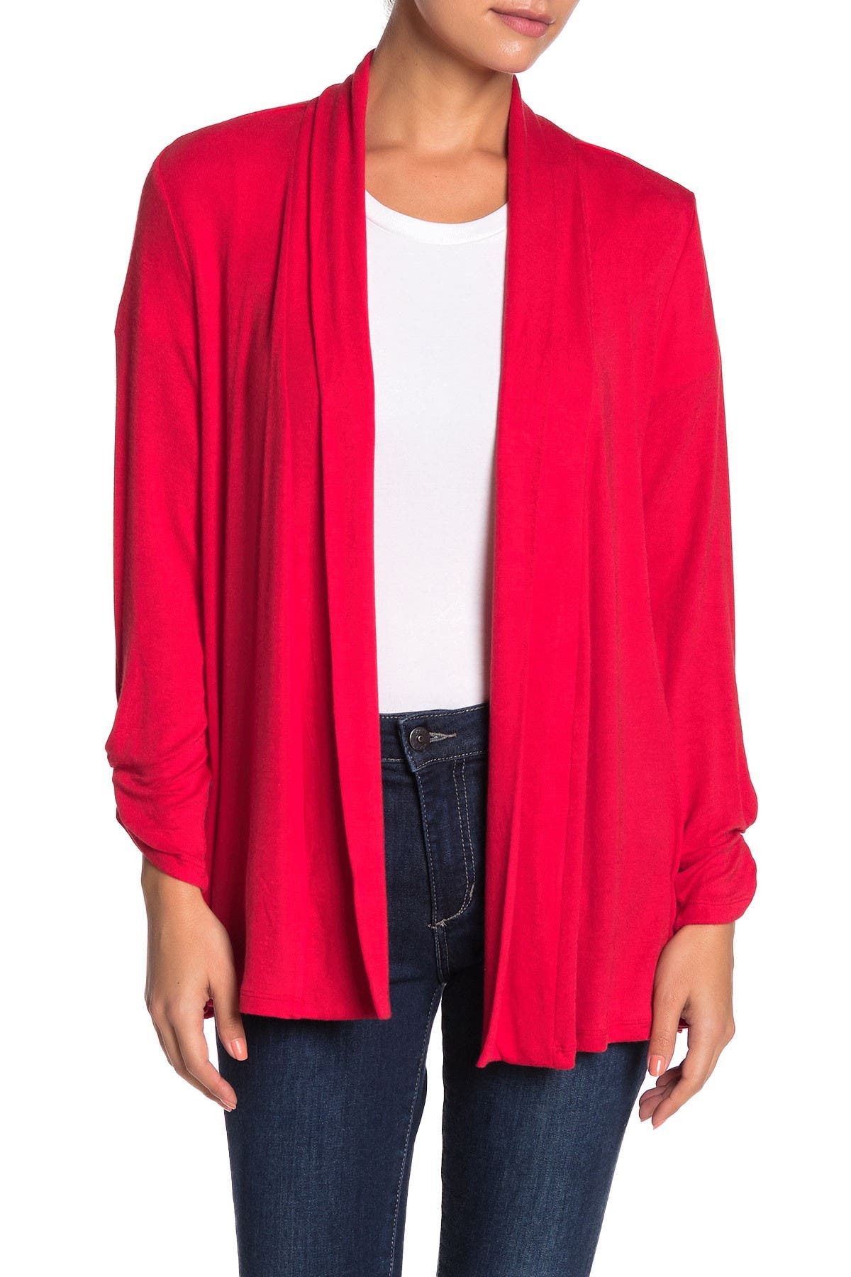 bobeau ruched sleeve cardigan