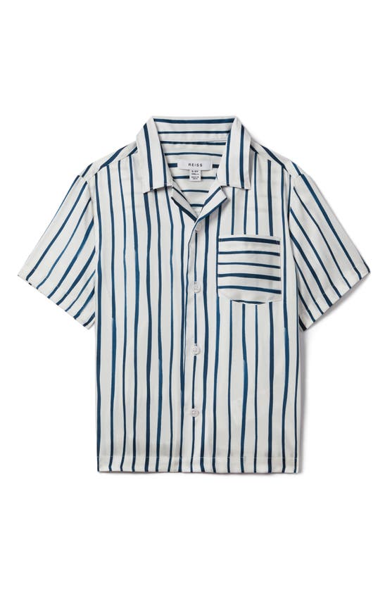 Shop Reiss Kids' Rava Sr. Stripe Camp Shirt In White/ Blue