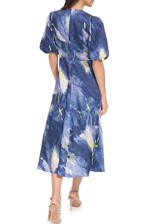 Shop Dkny Print Puff Sleeve Satin Midi Dress In Fluoro Yellow/inky Blue Multi