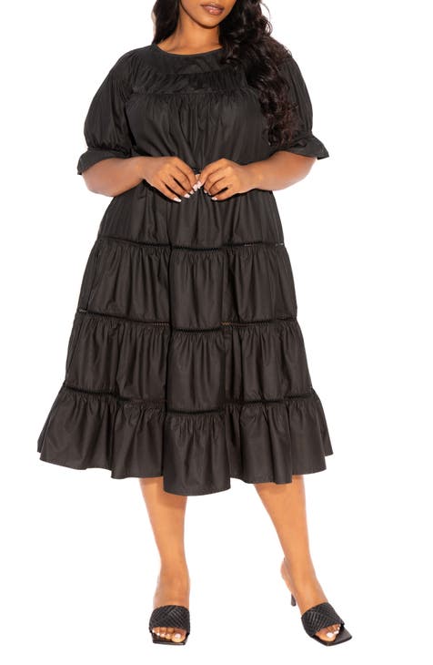 Tiered Cotton Blend Poplin Dress (Plus Size)