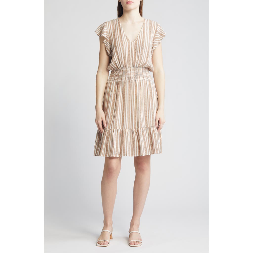 Rails Tara Stripe Ruffle Sleeve Linen Blend Dress In Palo Santo Stripe