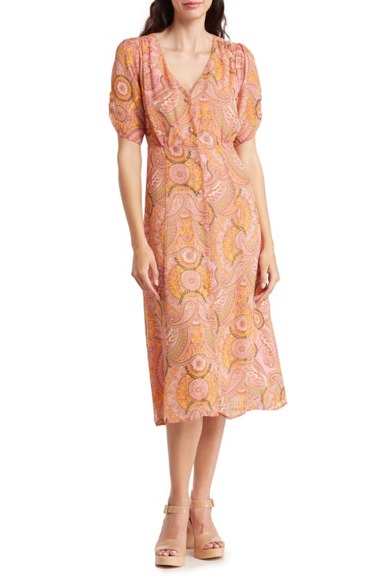 Bcbgeneration Puff Sleeve Button Front Midi Dress In Stacked Paisley