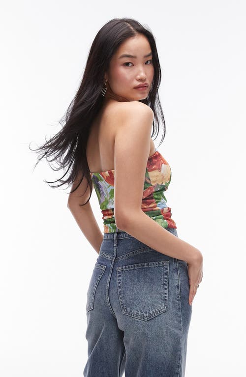 Shop Topshop Painted Floral Strapless Crop Top In Red Multi