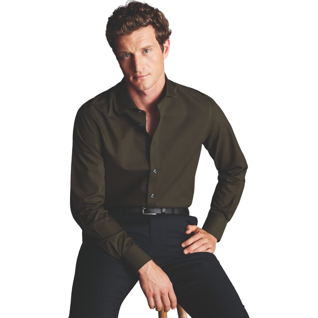 Charles Tyrwhitt Non-iron Poplin Cutaway Slim Fit Shirt Single Cuff In Olive Green
