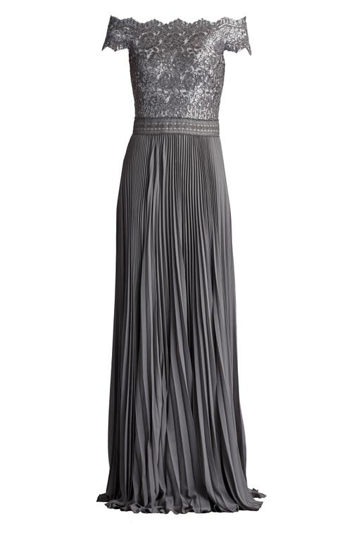 Tadashi Shoji Plus Size Off-shoulder Pleated Sequin Lace Gown In Mist