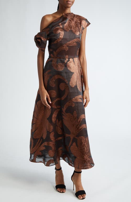 Shop Lela Rose Evelyn Asymmetric Neck Metallic Jacquard Dress In Chestnut