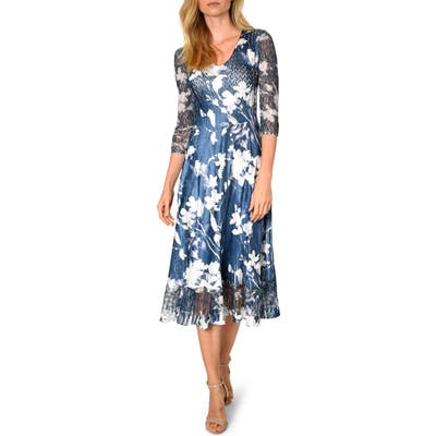 Petite Komarov Charmeuse & Chiffon A-Line Dress, Blue
