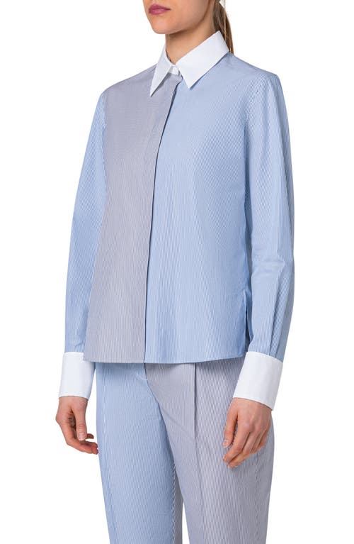 Shop Akris Punto Colorblock Microstripe Cotton Batiste Button-up Shirt In Ink-sapphire-cream