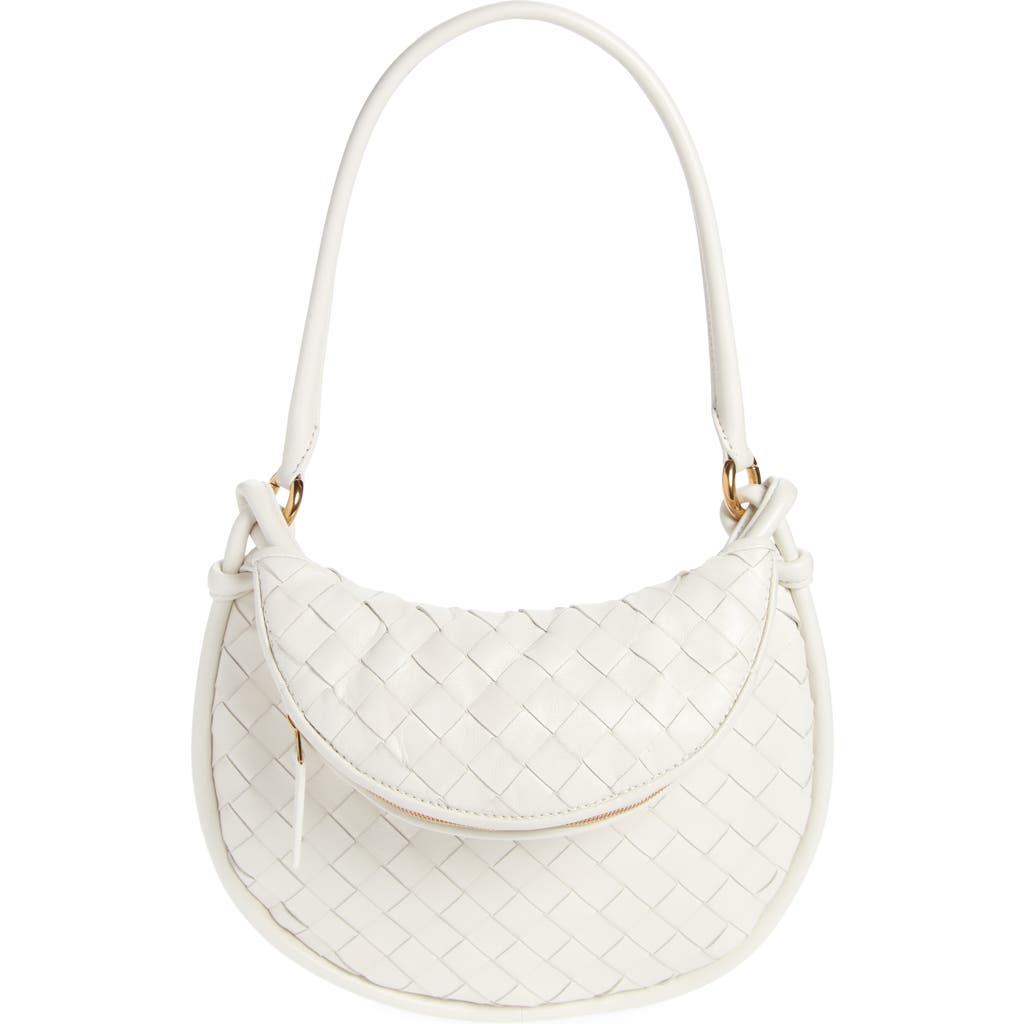 Shop Bottega Veneta Small Gemelli Intrecciato Leather Shoulder Bag In White/brass