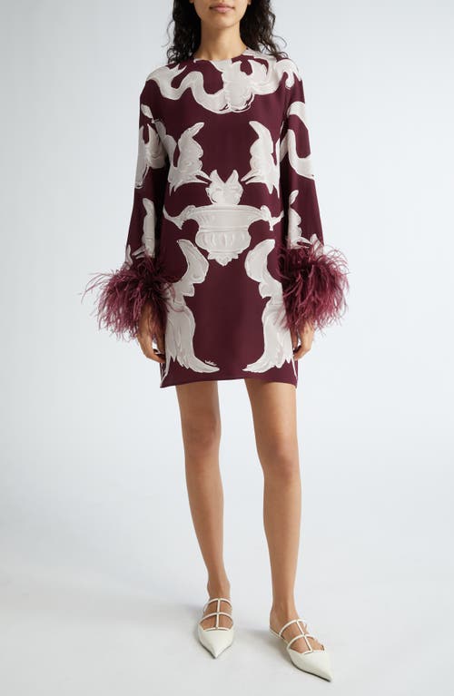 Valentino Garavani Patter Long Sleeve Feather Trim Silk Dress In Amarone/perla