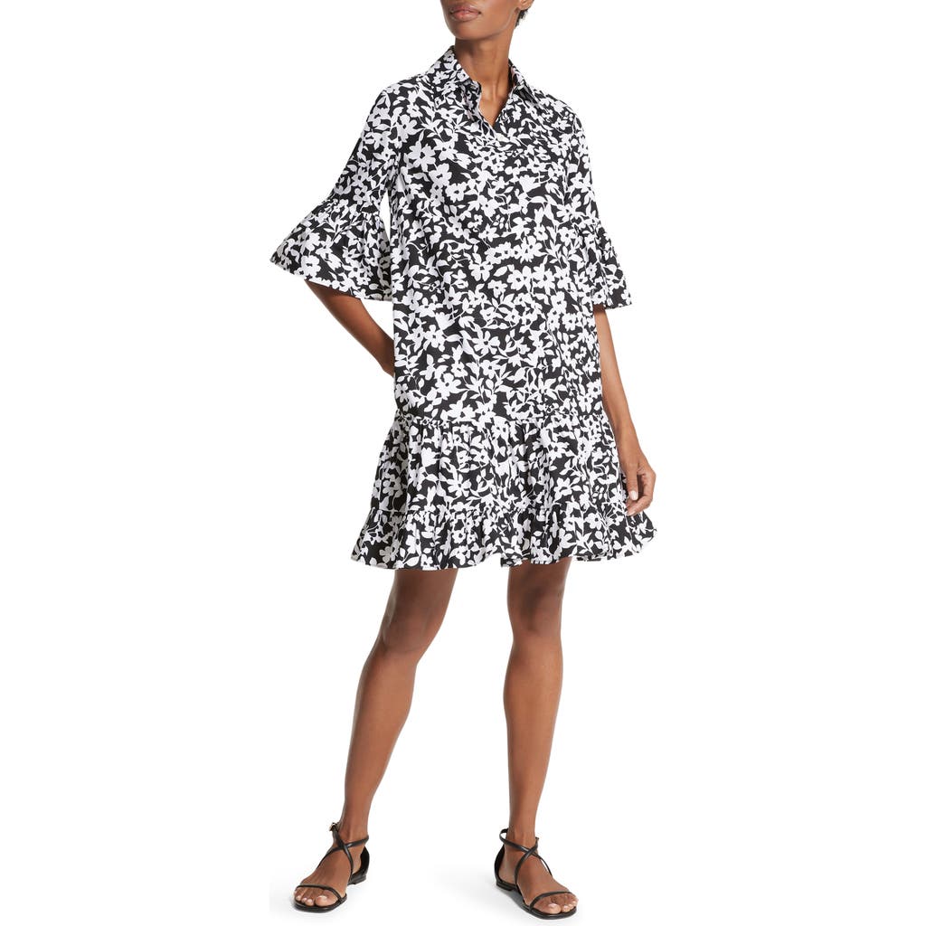 Michael Kors Collection Floral Print Tiered Cotton Poplin Shirtdress In Black/optic White