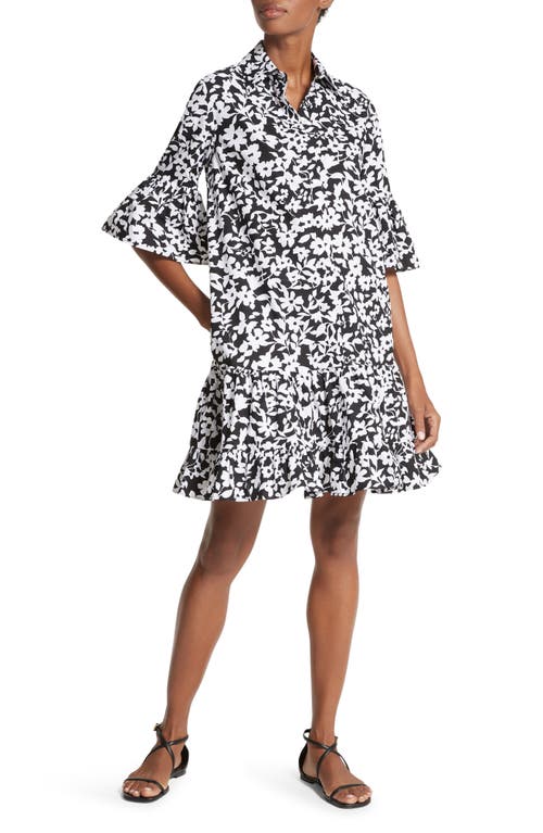 Michael Kors Collection Floral Print Tiered Cotton Poplin Shirtdress Black/Optic White at Nordstrom,