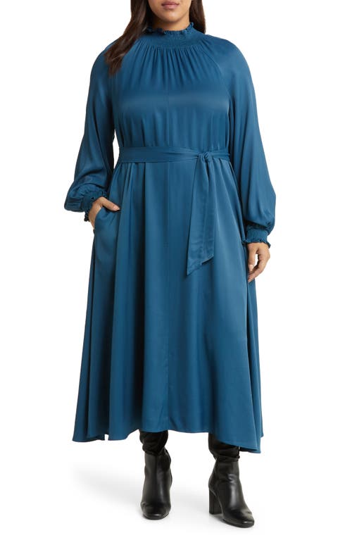 Nordstrom Smocked Long Sleeve Satin Maxi Dress in Blue Ceramic