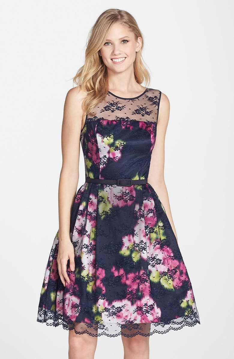 Eliza J Belted Lace Overlay Floral Print Dress (Regular & Petite ...