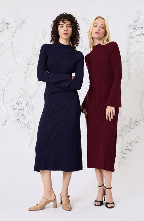 Shop Luxely Long Sleeve Rib Midi Sweater Dress In Wine Tasting