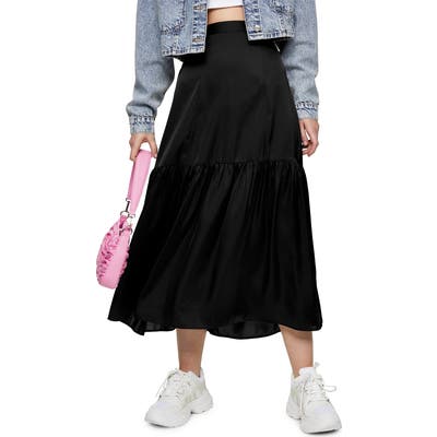 Topshop Satin Tiered Midi Skirt, US - Black