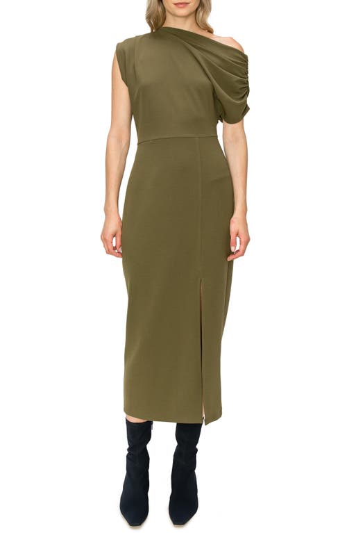 One-Shoulder Midi Sheath Dress in Olive