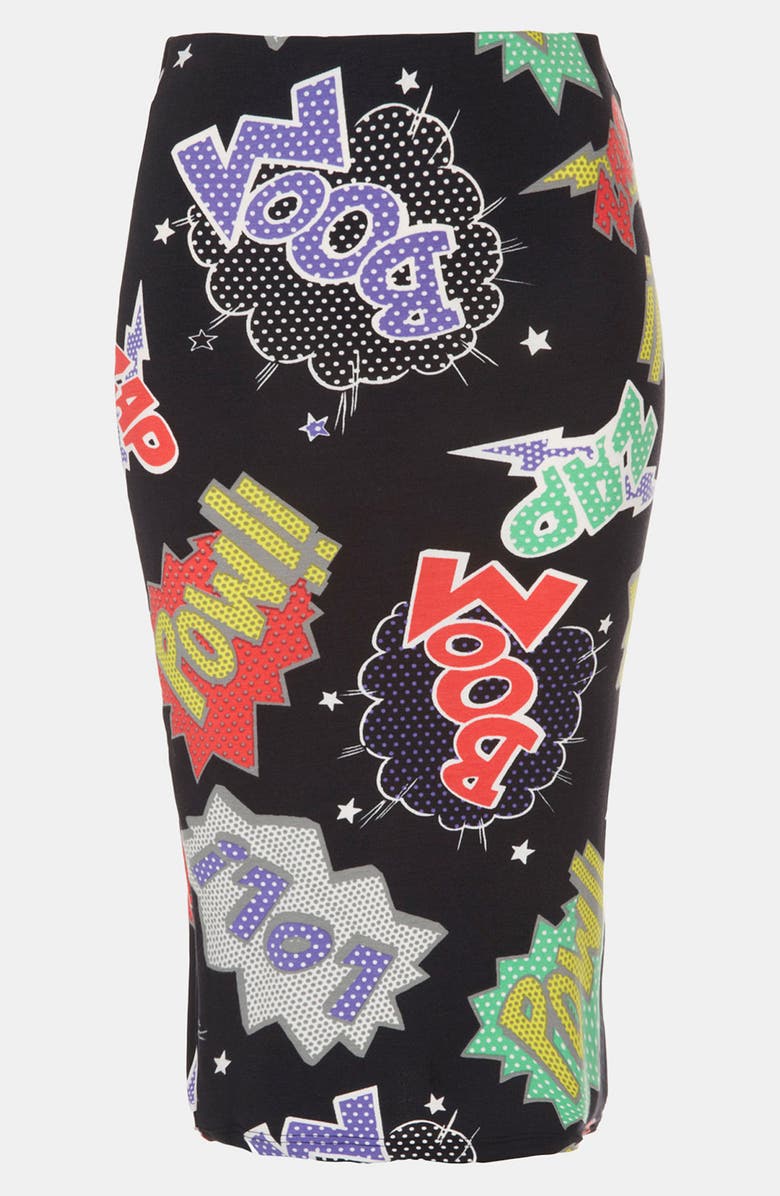 TOPSHOP 'Pow Boom' Print Midi Skirt, Main, color, Black
