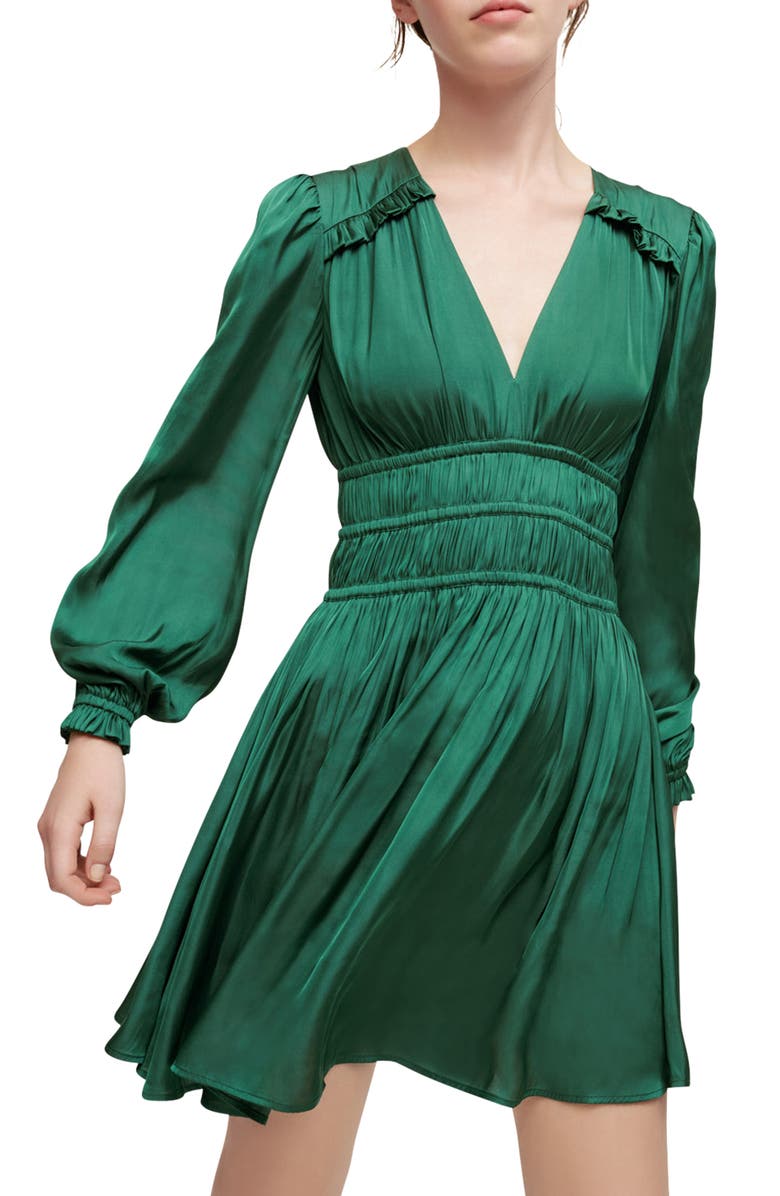 maje Rianna Smock Waist Long Sleeve Satin Dress | Nordstrom
