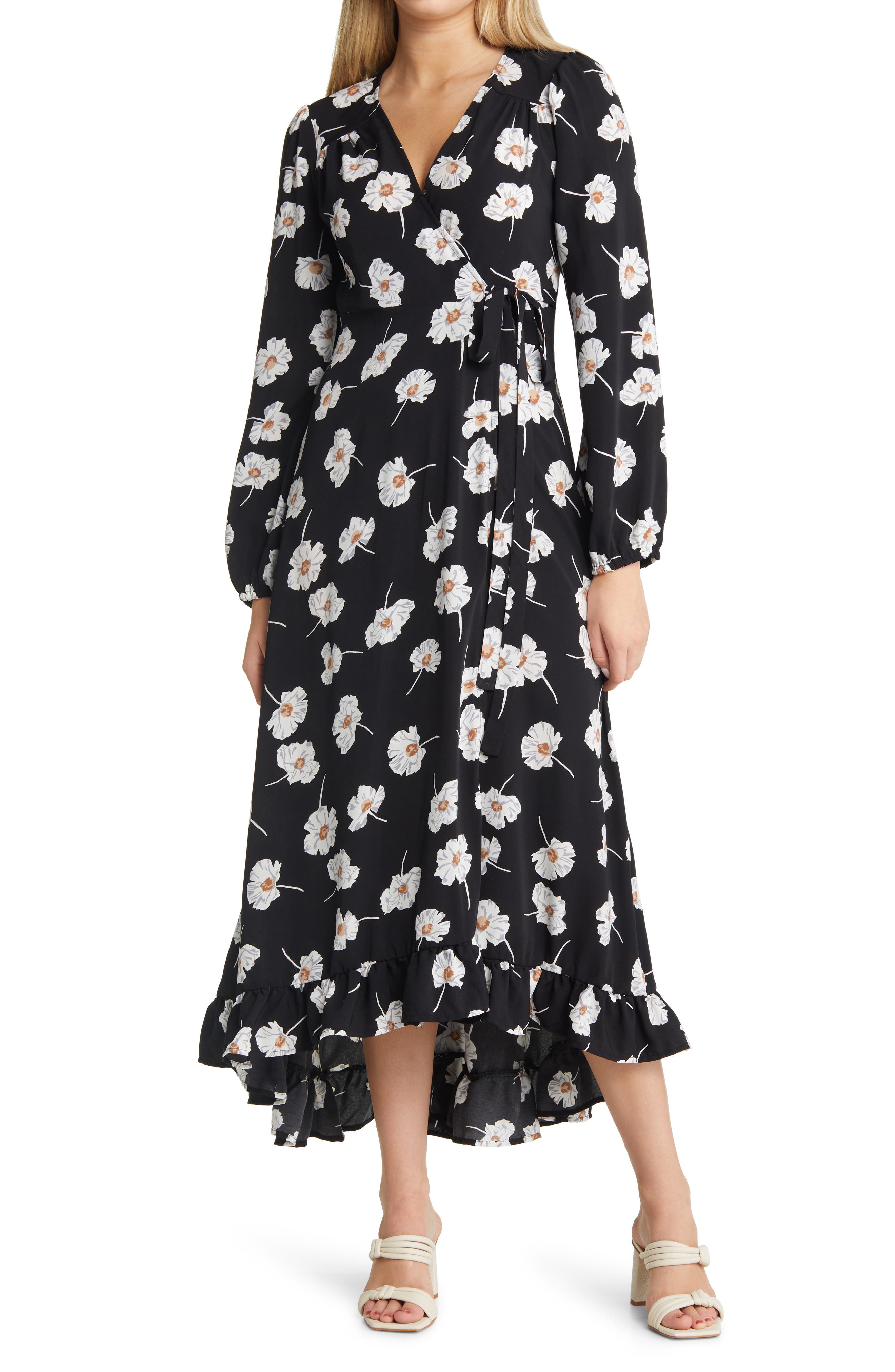 Halogen Floral Print Long Sleeve Wrap Midi Dress in Black Floral at Nordstrom, Size Medium