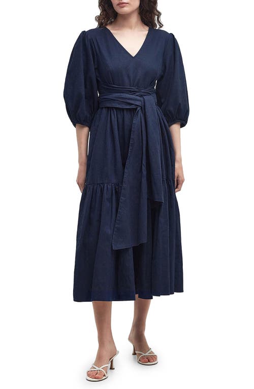 Annie Puff Sleeve Linen & Cotton Midi Dress in Navy