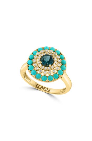 Effy 14k Yellow Gold Turquoise, Diamond And London Blue Topaz Sunray Ring
