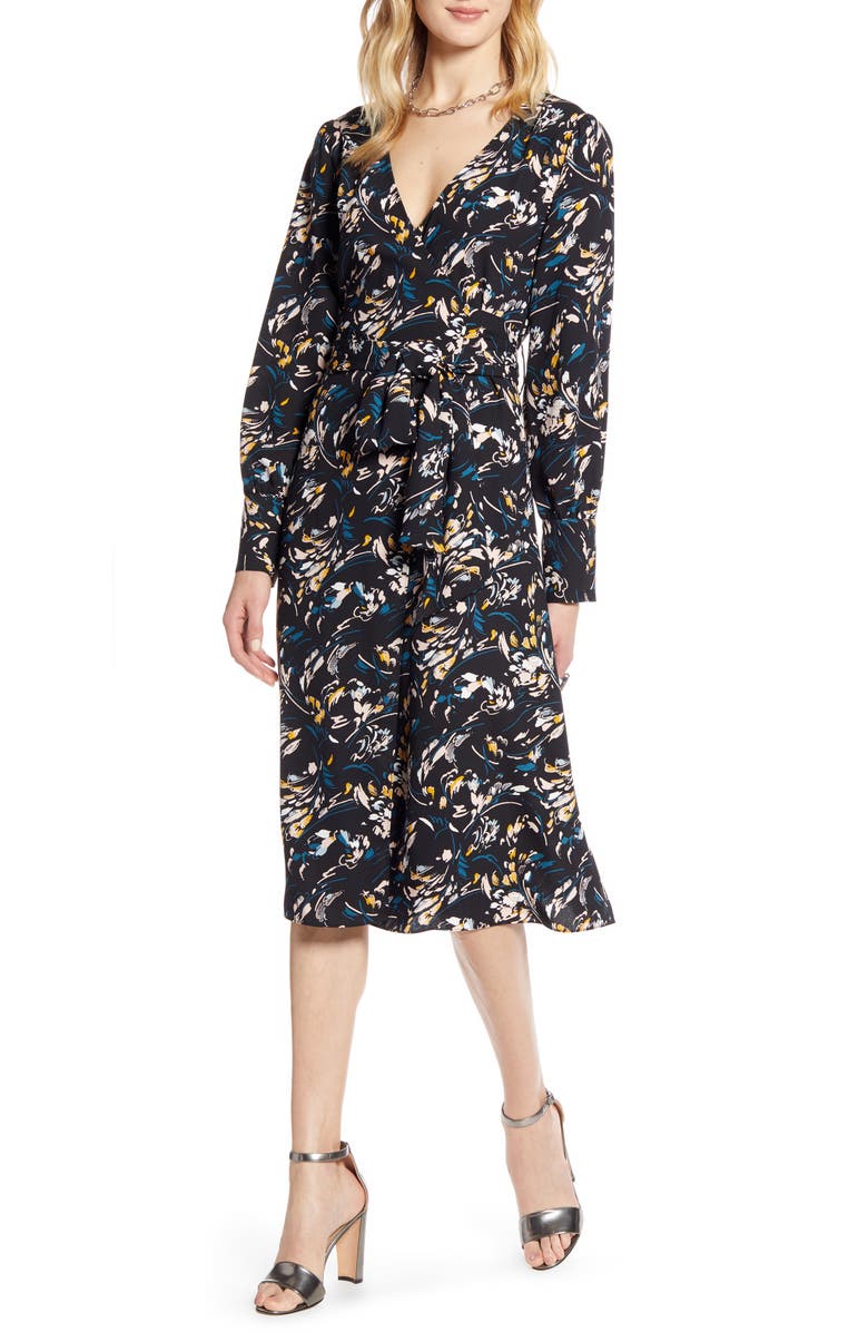 Halogen® Long Sleeve Wrap Midi Dress (Regular & Petite) | Nordstrom