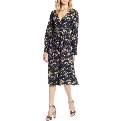 Petite Halogen Long Sleeve Wrap Midi Dress, Black