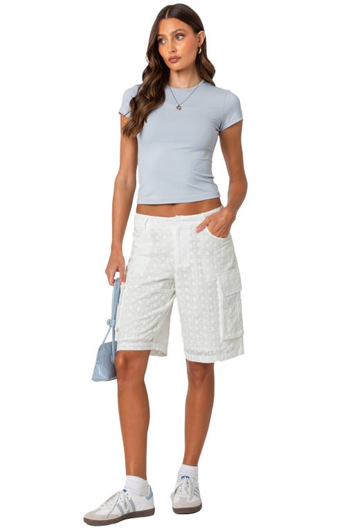 Shop Edikted Eyelet Cargo Bermuda Shorts In White