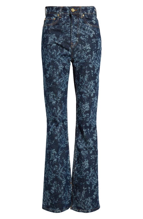 Shop Ganni Floral Flare Leg Jeans In Mid Blue Stone