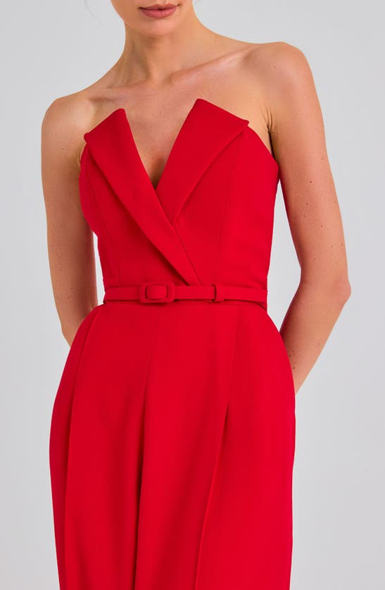 Shop Nadine Merabi Tuxedo Belted Strapless Wide Leg Jumpsuit In Red